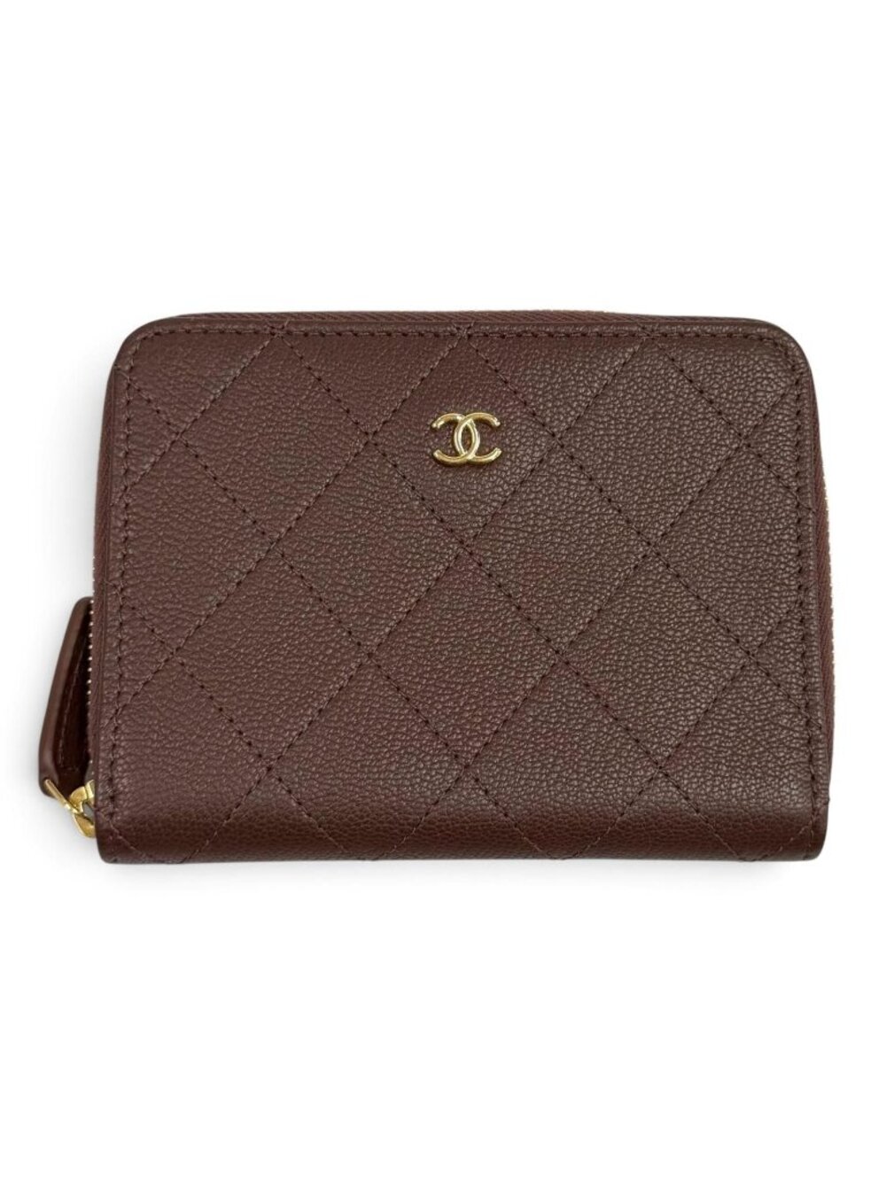 Chanel CC Logo Round Zip Grained Goatskin Compact Wallet Bifold